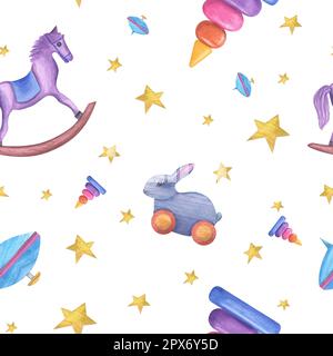 Acquerello modello senza cuciture di giocattoli di legno di capretto isolato su sfondo bianco. Carino illustrazione con hobbyhorse, piramide, coniglio per bambini stampa Foto Stock