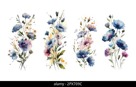 Set acquerello fiori selvatici, foglie e erba. Collezione elementi giardino botanico. Illustrazione a isolamento vettoriale in stile vintage Illustrazione Vettoriale