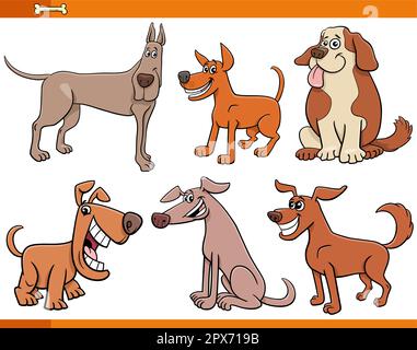 Illustrazione di fumetti di cani divertenti e cuccioli fumetti animal set Illustrazione Vettoriale