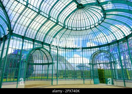 Vista interna dell'architettura delle Royal Greenhouses di Laeken - Castello reale di Laeken - Bruxelles, Belgio Foto Stock