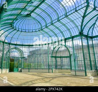 Vista interna dell'architettura delle Royal Greenhouses di Laeken - Castello reale di Laeken - Bruxelles, Belgio Foto Stock