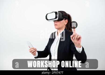 Didascalia di testo che presenta Workshop Online, concetto che significa stanza o edificio in cui le merci vengono fabbricate e riparate Foto Stock