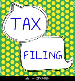Didascalia di testo che presenta la registrazione delle imposte, parola per la presentazione dei documenti archiviati con le informazioni finanziarie del contribuente Foto Stock