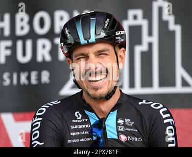 Eschborn, Germania. 01st maggio, 2023. Ciclismo: UCI WorldTour - Eschborn-Francoforte, (203,80 km), uomini. John Degenkolb del Team DSM alla presentazione del pilota. Credit: Arne Dedert/dpa/Alamy Live News Foto Stock