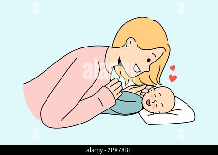 Giovane madre sorridente gioca con il bambino neonato carino. Felice mamma coccole bambino piccolo bambino godere maternità. Concetto di genitorialità. Illustrazione vettoriale. Foto Stock