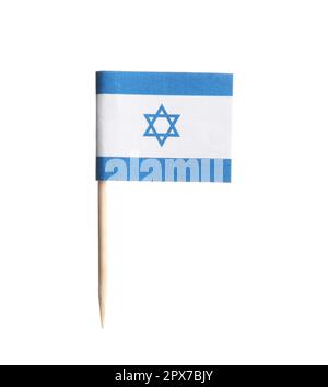 Piccola bandiera di carta di Israele isolato su bianco Foto Stock