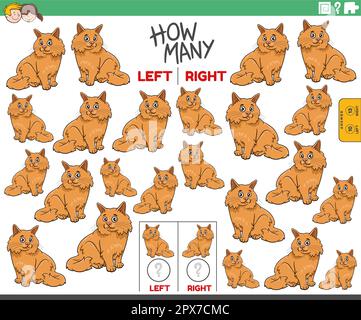 Illustrazione del cartone animato del gioco educativo di contare le immagini orientate a destra e a sinistra di un gatto lanuginoso Illustrazione Vettoriale