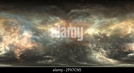Visualizzazione panoramica a 360 gradi di Mappa HDRI 360 dell'ambiente di realtà virtuale. Proiezione equirettangolare spaziale, panorama sferico. Nebulosa spaziale con stelle. illustrazione 3d