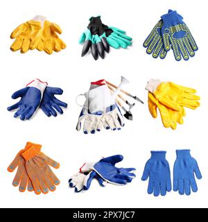 Set con diversi guanti da giardinaggio e strumenti su sfondo bianco Foto Stock