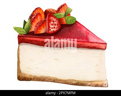 Illustrazione del dessert della cheesecake alla fragola color acqua. Delizioso pezzo di torta triangolare con frutti di bosco rossi Foto Stock