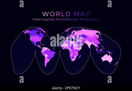 Mappa del mondo. Goode ha interrotto la proiezione dell'omolosina. Illustrazione del mondo digitale. Colori rosa brillante al neon su sfondo scuro. Illustrazione Vettoriale