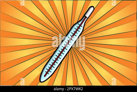 Vecchio termometro retrò in vetro medico per la misurazione della temperatura e la cura delle albe su uno sfondo di astratti raggi gialli. Illustrazione vettoriale. Illustrazione Vettoriale