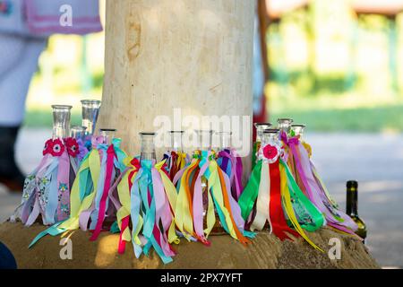 Particolare di decorazione popolare su bottiglie di vino, Rakvice, Moravia Meridionale, Repubblica Ceca Foto Stock