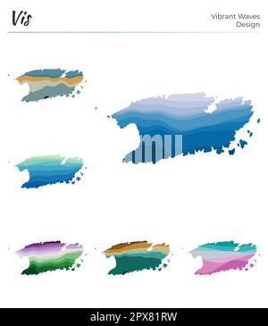 Set di mappe vettoriali di Vis. Design dalle onde vibranti. Mappa luminosa dell'isola in stile geometrico con curve lisce. Mappa Vis multicolore per il tuo progetto. Illustrazione Vettoriale