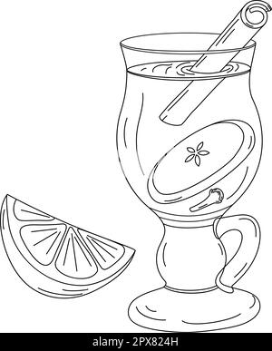 Contorno disegnato a mano da una tazza di vetro con VIN brulé, stecca di cannella, fetta di mela e limone. Buon giorno di VIN brulé. Isolare. Design per poster, banner, libro da colorare, saluto o invito. Vettore. EPS Illustrazione Vettoriale