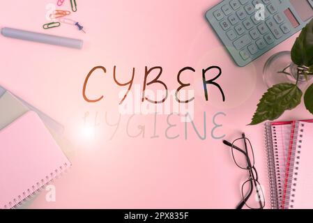 Mostra i passi di Cyber Hygiene, Business Approach che gli utenti di computer adottano per migliorare la loro sicurezza informatica Foto Stock