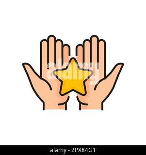 Stella d'oro in mani icona, valutazione di qualità vettoriale. Verifica della soddisfazione del cliente e feedback del cliente sul simbolo della linea a colori del livello di qualità del prodotto o del servizio Illustrazione Vettoriale