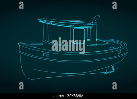 Illustrazione vettoriale stilizzata del modello di una piccola imbarcazione da rimorchiatore Illustrazione Vettoriale
