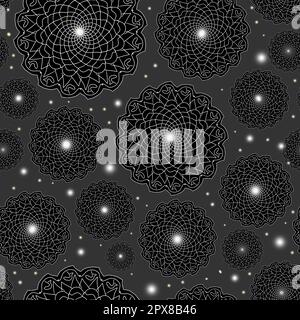 ripetizione senza giunture stile spazio. Pizzo fantasie mandala su sfondo scuro Foto Stock