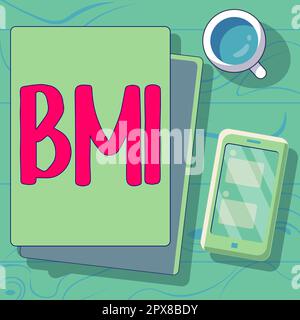 Visualizzazione concettuale BMI, concetto che significa metodo di stima dei livelli di grasso corporeo in base al peso e all'altezza Foto Stock