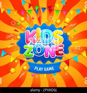 Sfondo zona bambini per divertente gioco e poster di gioco, cornice vettoriale colore. Parco giochi per bambini o banner zona bambini per la festa di compleanno con cartoon le Illustrazione Vettoriale