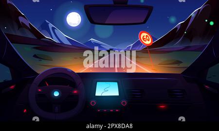 Auto guida strada di montagna di notte. Illustrazione del cartoon vettoriale del cruscotto all'interno della visualizzazione automatica, del volante e della navigazione cartografica sul pannello. Paesaggio roccioso sotto il cielo scuro con luna piena e stelle Illustrazione Vettoriale