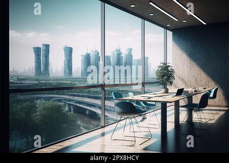 Vista di Megapolis da grandi finestre pulite in un ufficio moderno con pareti in legno, tavolo, pavimento in cemento e pareti in vetro. Foto Stock