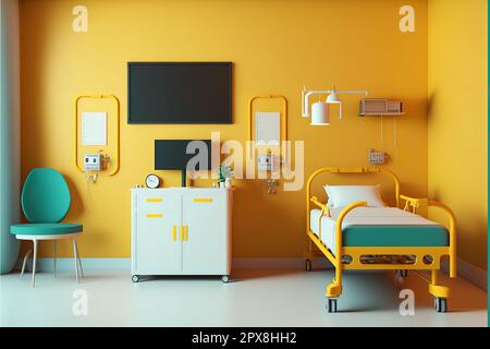 Vista laterale di un reparto ospedaliero con pareti gialle, due letti, due monitor e due sedie. Concetto di medicina e trattamento delle malattie. Foto Stock