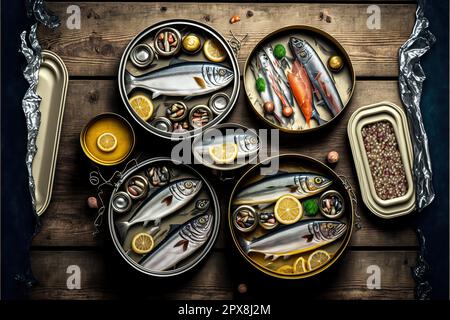 Vari pesci in scatola e frutti di mare in una lattina di metallo. Sfondo di legno. Vista dall'alto. Foto Stock