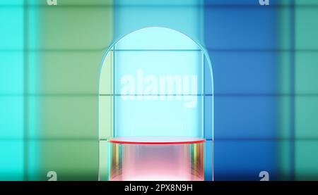 Parete in vetro trasparente sfumato colorato e porta ad arco in vetro e podio a piedistallo cilindrico. Scena per la vetrina dei prodotti. Rendering 3D Foto Stock