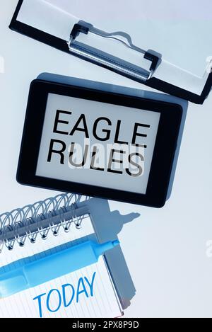 Scrittura a mano segno Eagle Rules, Business approccio un enorme set di regole di progettazione che il tuo layout deve passare Foto Stock