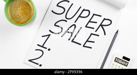 Didascalia testo presentando Super sale, Word per offrire sconti eccezionali su prodotti e servizi selezionati Foto Stock