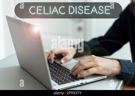 Testo scritto a mano malattia celiaca, concetto che significa intestino tenue è ipersensibile al problema di digestione del glutine Foto Stock