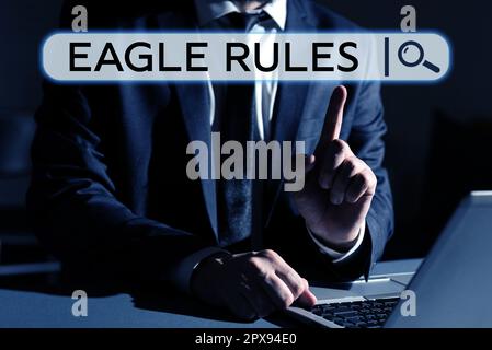 Scrittura a mano segno Eagle Rules, Business Overview un enorme set di regole di progettazione che il tuo layout deve passare Foto Stock