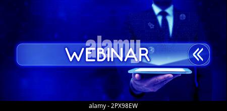 Webinar Inspiration che mostra i segni, Word for Defined as Seminar condotto su Internet Web Conferencing Foto Stock