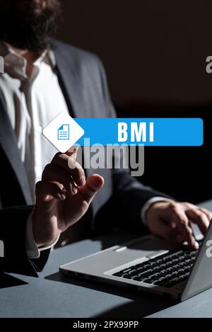 Scrittura di testo BMI, Word per metodo di stima dei livelli di grasso corporeo in base al peso e all'altezza Foto Stock