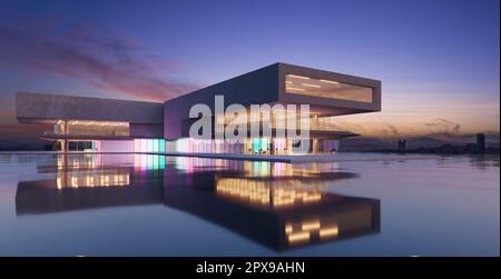 Gli edifici moderni presentano pareti di vetro sfumato colorato con un lago di fronte. Rendering 3D Foto Stock