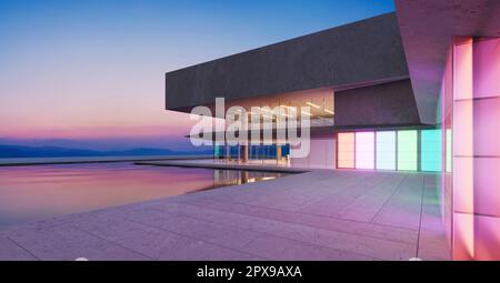 Gli edifici moderni hanno pareti di vetro sfumato colorato con un paesaggio stagno di fronte. Rendering 3D Foto Stock