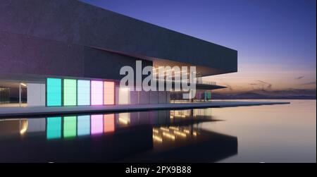 Gli edifici moderni hanno pareti di vetro sfumato colorato con un paesaggio stagno di fronte. Rendering 3D Foto Stock