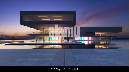 Gli edifici moderni hanno pareti di vetro sfumato colorato con un paesaggio stagno di fronte. Rendering 3D Foto Stock