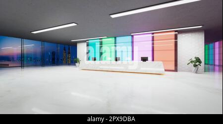 Lobby del ricevimento con pareti in vetro sfumato di colore moderno. Rendering 3D realistico Foto Stock