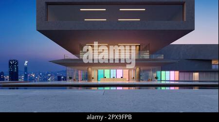 Gli edifici moderni hanno pareti di vetro sfumato colorato con un paesaggio stagno di fronte. Rendering 3D Foto Stock