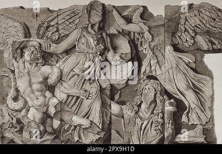 Illustrazione vintage di Athena e Nike Fight Alkyoneus, Gaia si alza da terra. Dagli alti rilievi dell'altare di Pergamo. Foto Stock