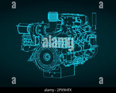 Illustrazione vettoriale stilizzata del modello isometrico del motore diesel marino per impieghi pesanti Illustrazione Vettoriale