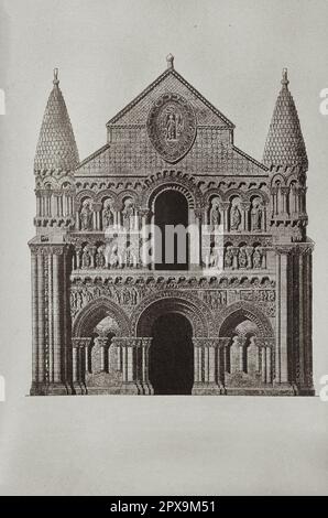 Illustrazione vintage di Église Notre-Dame la Grande (Chiesa di Notre-Dame la Grande) a Poitiers. France Notre-Dame la Grande è una chiesa cattolica romana situata a Poitiers, in Francia. Con un doppio status, collegiale e parrocchiale, fa parte della diocesi cattolica di Poitiers. Il fronte ovest adornato con statuaria è riconosciuto come un capolavoro di arte religiosa romanica Le pareti all'interno della chiesa sono dipinte. Foto Stock