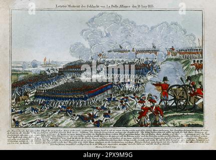 Litografia vintage a colori dell'ultimo momento della Battaglia di la Belle Alliance (Battaglia di Waterloo), 18 giugno 1815. 1815 Foto Stock