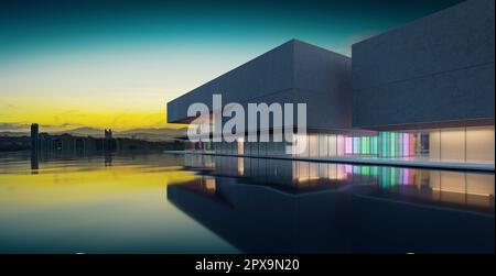 Gli edifici moderni hanno pareti di vetro sfumato colorato con un paesaggio stagno di fronte. Rendering 3D Foto Stock