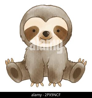 L'orso di Sloth è seduto . Disegno di vernice di acquerello . Carino animal personaggio cartone animato . Vettore . Illustrazione Vettoriale