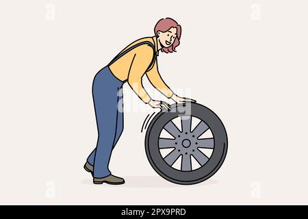 Donna sorridente meccanico con pneumatico auto che lavora al servizio di riparazione auto. Donna felice ingegnere occupato con ruota riparazione auto. Illustrazione vettoriale. Foto Stock