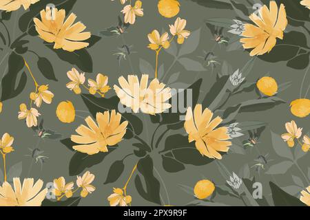 Motivo floreale senza cuciture vettoriale. Giallo Succorio, fiori di cicoria Illustrazione Vettoriale